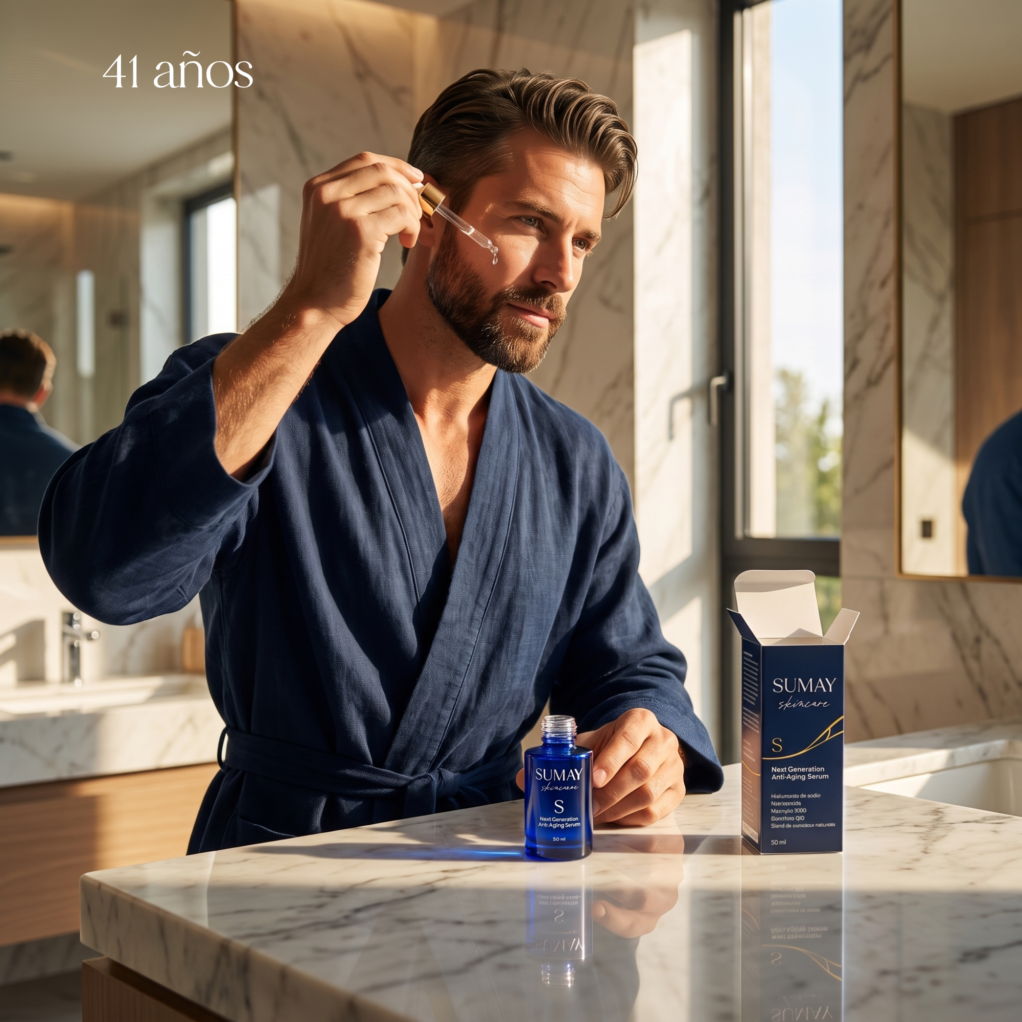 Hombre de 41 años aplicándose el S Serum en un baño.