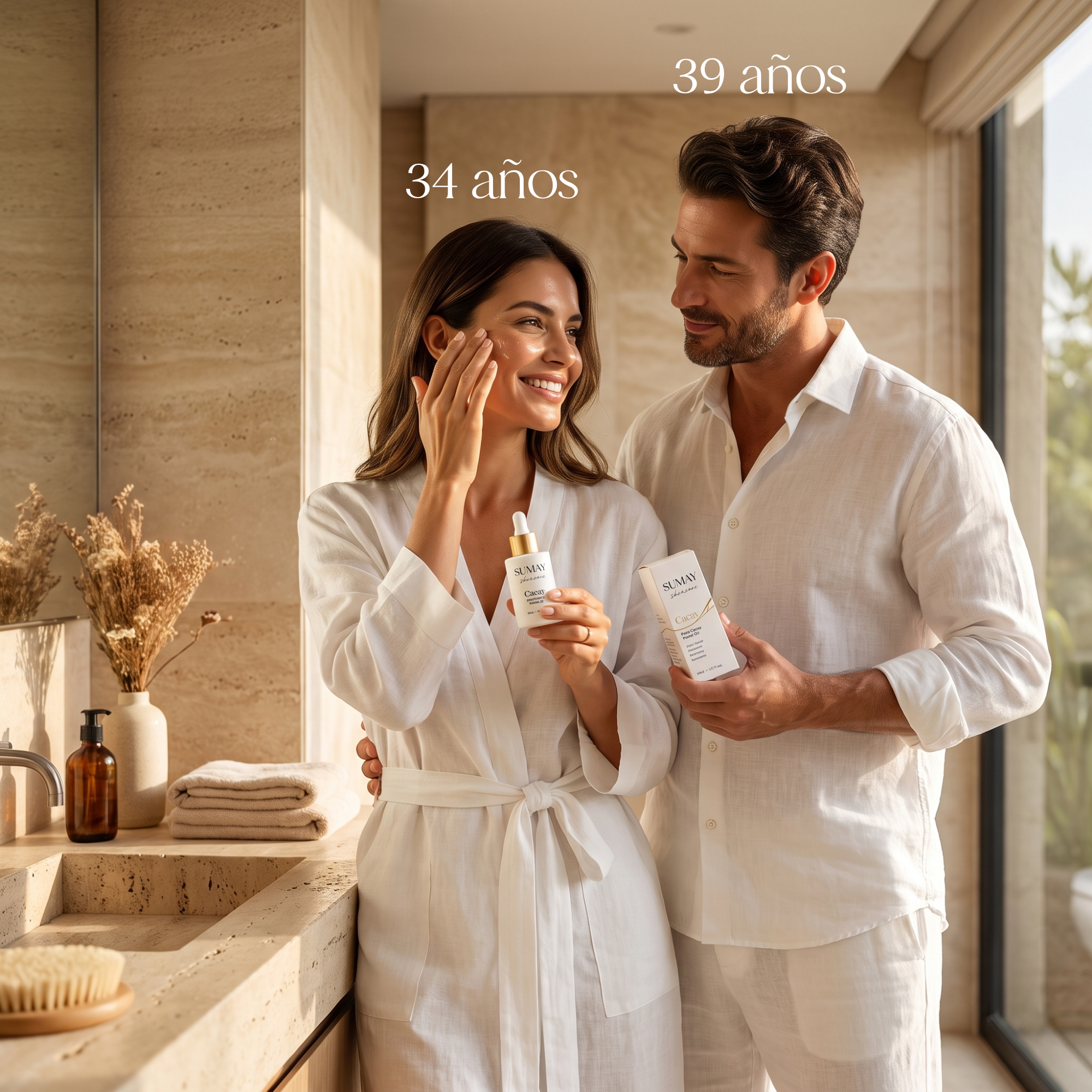 Pareja de un hombre de 39 años y una mujer de 34 años con el producto Cacay Face Oil de Sumay en sus manos.