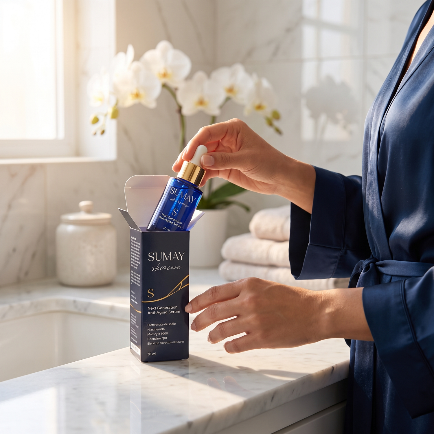 Las manos de una mujer sacan el S Serum de su caja en un baño.