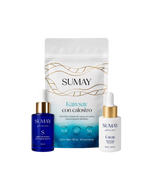 A SUMAY skincare set featuring a white stand-up pouch with gold leaf patterns and blue text, a dark blue bottle with a gold dropper cap, and a white bottle with a gold dropper cap, all on a plain white background.