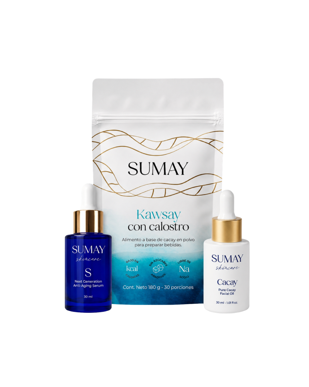 A SUMAY skincare set featuring a white stand-up pouch with gold leaf patterns and blue text, a dark blue bottle with a gold dropper cap, and a white bottle with a gold dropper cap, all on a plain white background.